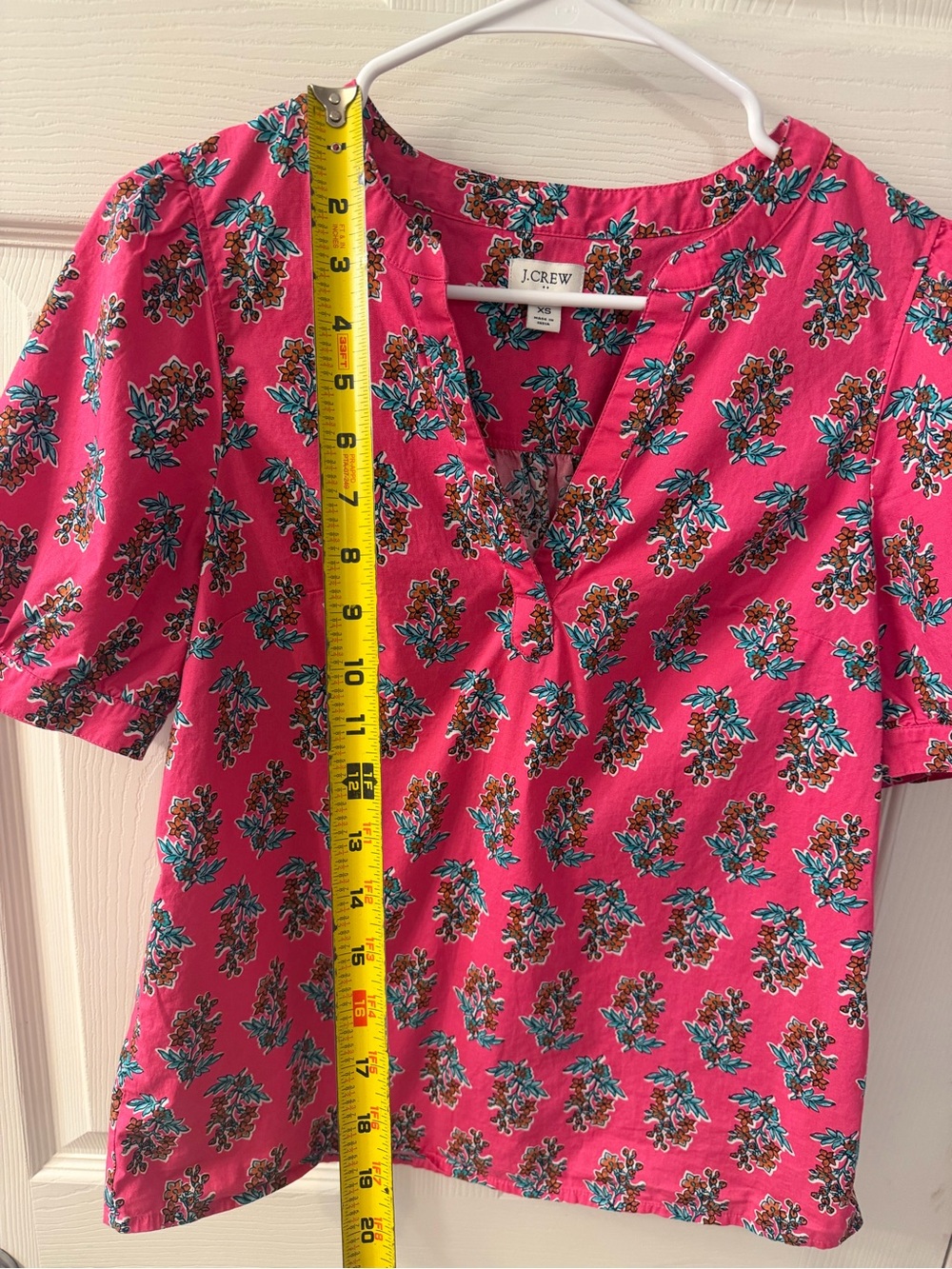 J. Crew Hot Pink Preppy Floral Feminine Puff Sleeve Split Neck Poplin Blouse XS - Picture 4 of 9